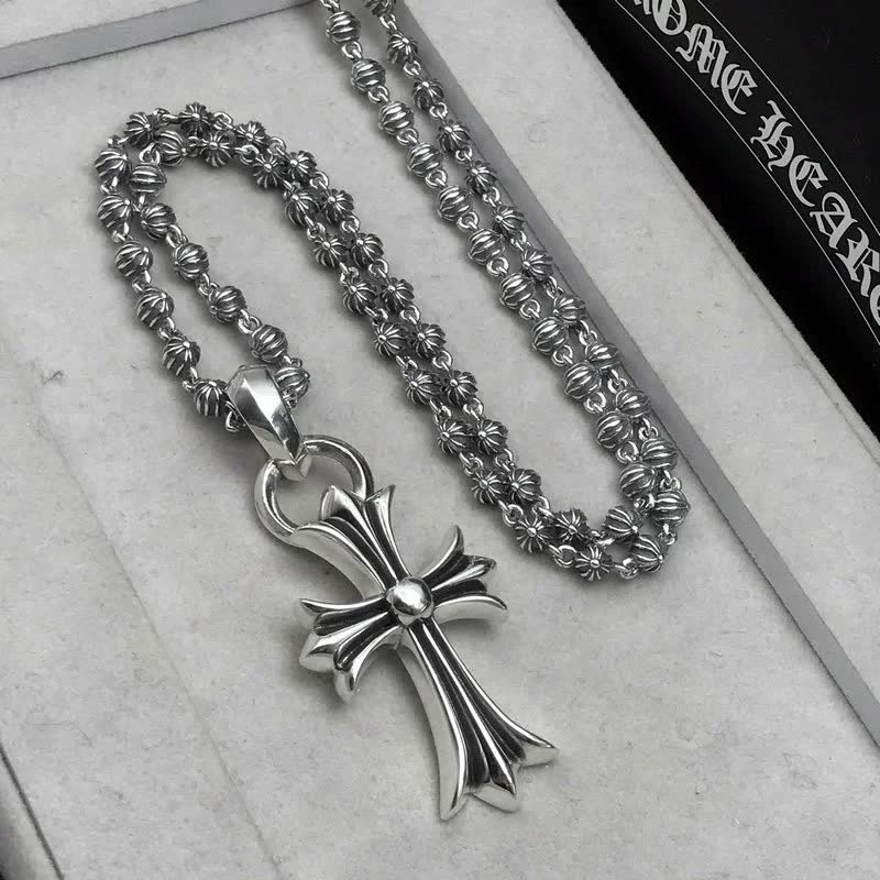 Chrome Hearts Silver Cross Pendant with Beaded Chain